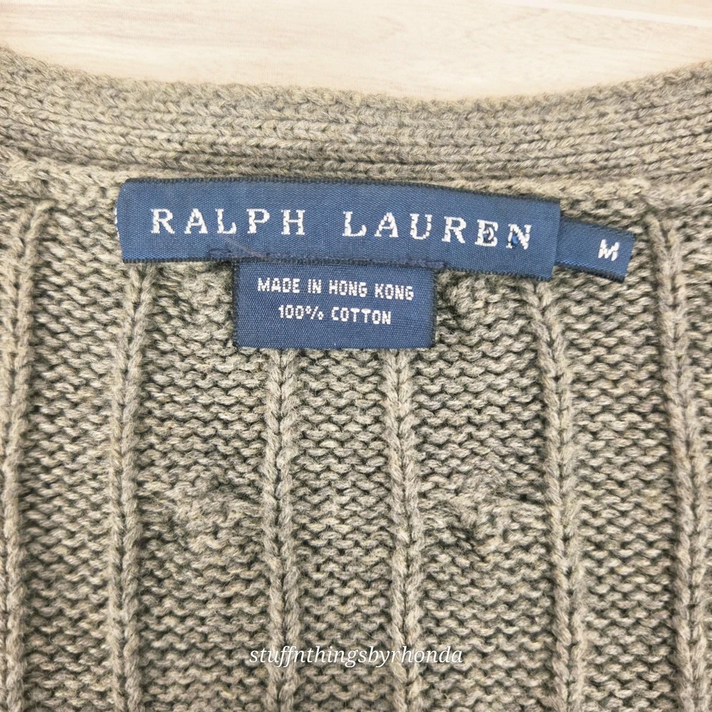 Ralph Lauren Vtg Womens Med Shooting Cardigan Cable Knit Suede Shoulder Patch - Picture 3 of 9